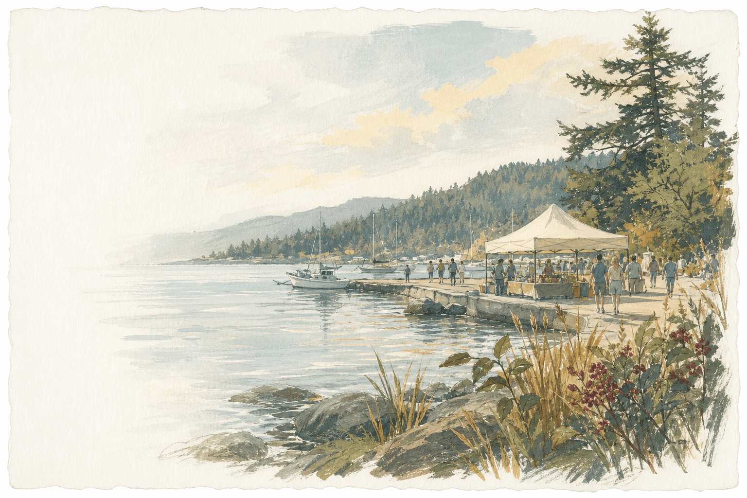 Illustrated Vancouver Island harbour market beside the water